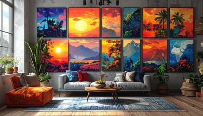 Vibrant Sunset Landscape Paintings in Modern Living Room