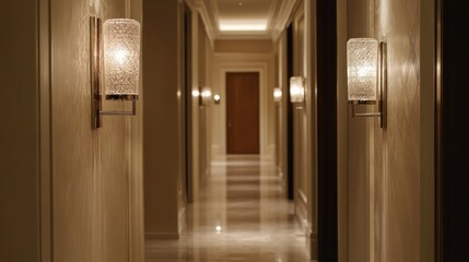 Elegant Hallway with Textured Glass Sconces and Polished Marble Floor