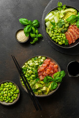 salmon, avocado and edamame bean bowl