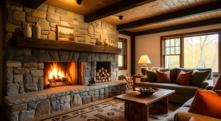 Rustic Cabin Living Room with Stone Fireplace and Autumn View​