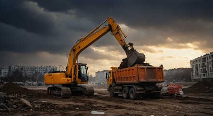 Construction excavator loading dump truck at urban building site under cloudy sky
