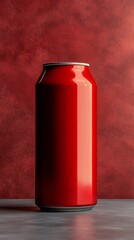 Red soda can against a textured red background