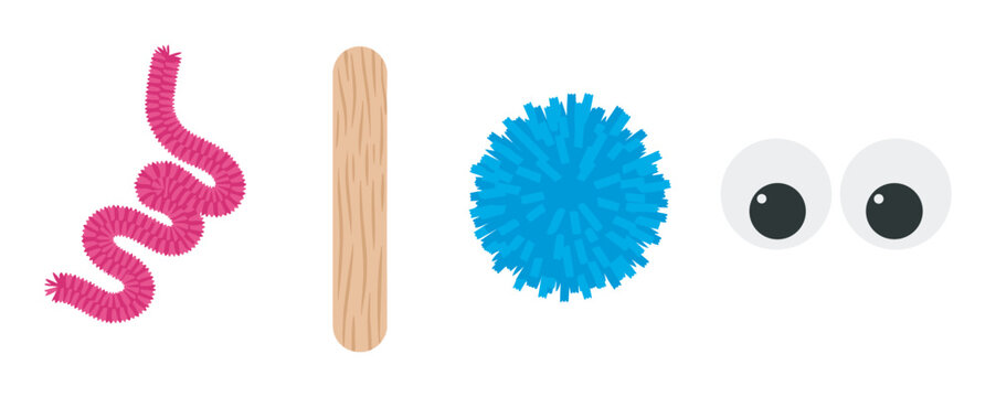 Pink pipe cleaner, wooden craft stick, blue pom-pom, and googly eyes are aligned horizontally in a creative assemblage.