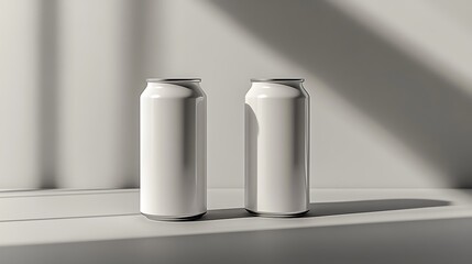 Minimalist white soda cans with soft shadows and light