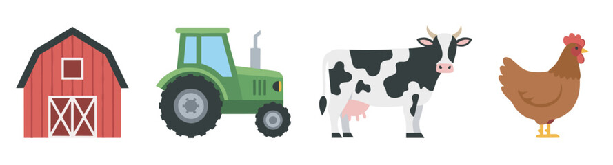 Obraz premium Red barn, green tractor, black and white cow, and brown chicken, representing classic farm elements.