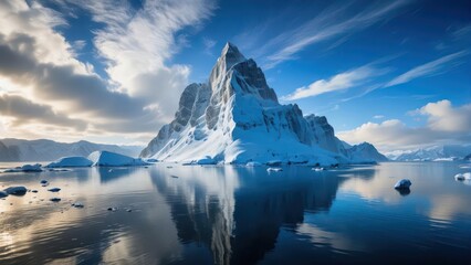 A majestic iceberg stands tall amidst a sea of frozen floes in a serene Arctic Ocean backdrop