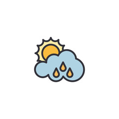 An icon of a cloud with raindrops and a lightning bolt representing stormy weather, rainfall, and thunderstorm atmospheric conditions.