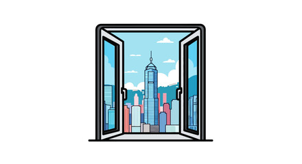 Obraz premium cityscape view modern skyscrapers seen from an open window capturing the architectural beauty and urban lifestyle ideal for travel promotion.