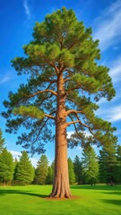 Fototapeta premium Large tall pine tree with vibrant brown bark against a bright green background