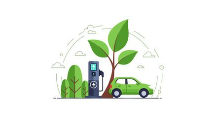 electric vehicle charging station green energy car at station next to a tree and bush promoting ecological awareness and sustainable transport options.