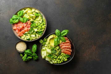 salmon, avocado and edamame bean bowl