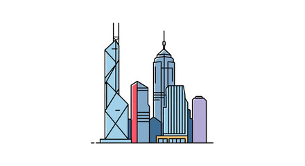 Obraz premium minimal hong kong skyline illustration showcasing iconic skyscrapers against a clear sky ideal for travel blogs architectural presentations and urban design portfolios.