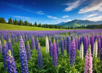 lupines bloom under a clear blue sky in a lush green meadow during high noon sunlight
