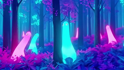 A mystical forest at night filled with glowing pink and blue creatures amidst vibrant, neon-colored trees and lush undergrowth - Powered by Adobe