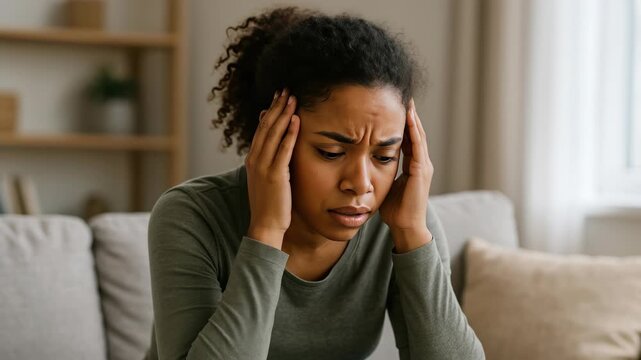 A woman holding her head in distress, captured in a close-up angle. The video conveys stress and concern in a home setting with soft lighting.
