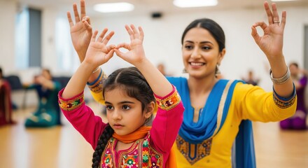 A lively scene of a young girl and a woman practicing traditional Indian dance in a vibrant studio, showcasing their expressions of joy and cultural heritage through movement.