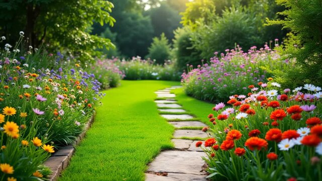 Beautiful backyard garden with vibrant flowers, green lawn, and a stone path leading through lush foliage, capturing the essence of summer serenity. 