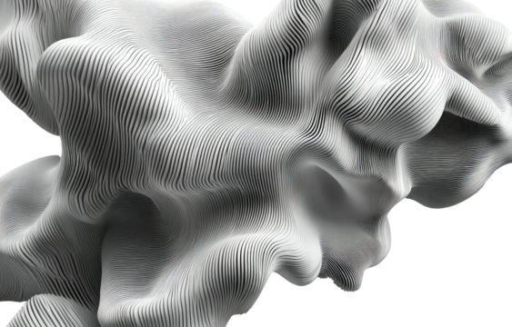 Abstract white fluid, layered lines, swirling form against black