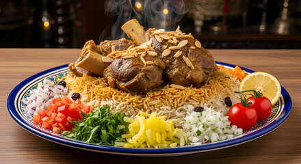 Delicious Lamb Mandi Rice Dish with Garnishes and Lemon.