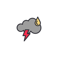 A thundercloud icon with lightning bolt showing storm conditions, strong winds, and heavy rain warnings.