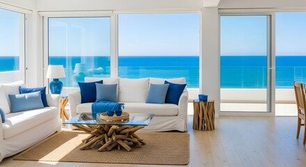 Modern Coastal Living Room with Ocean View, White Sofa and Blue Decor