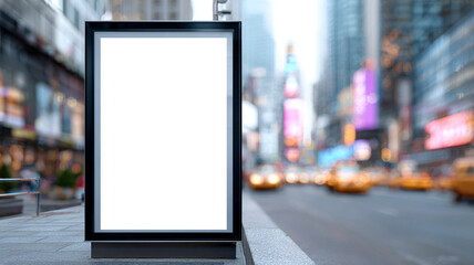 Blank white billboard mockup for advertising on busy city street with blurred urban background. An empty advertising lightbox on sidewalk with commercial potential