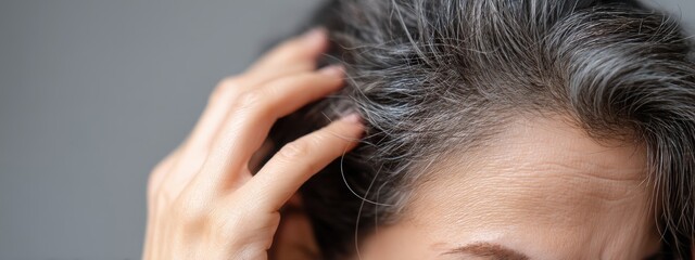 Naklejka premium Woman showing gray hair and roots while touching her head with her hand