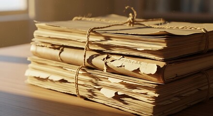 Stack of old documents tied with string on a wooden table, illuminated by natural light.