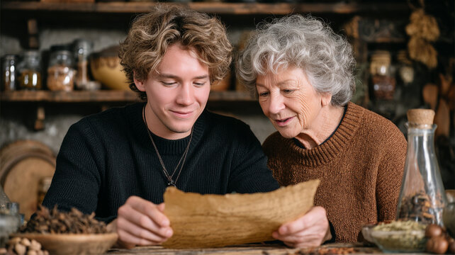 Happy grandson and surprised grandmother reading an old family recipe paper together in rustic kitchen. beautiful moment of bonding, sharing secrets and family tradition