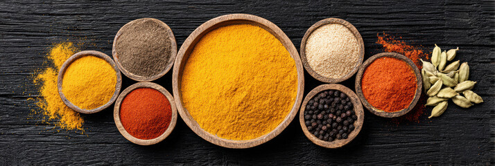 Colorful assortment of aromatic spice and seasoning powders in bowls. vibrant collection of culinary ingredients like turmeric, paprika, and pepper on dark wood table background © PURPLE VISION STUDIO