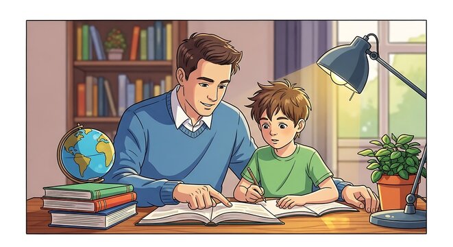 Father and Son Studying Together at Home. - Powered by Adobe