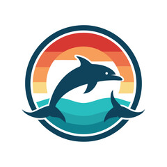 Obraz premium Dolphin Jumping Over Waves at Sunset Circle Logo ocean