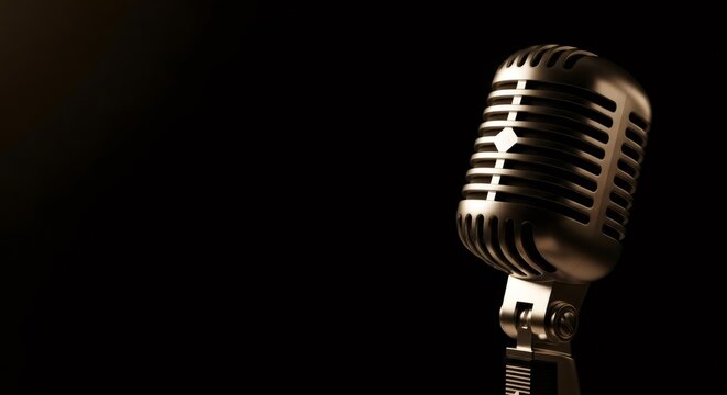 Vintage microphone on a dark background for interview or report. Journalism equipment for radio broadcast or public announcement. - Powered by Adobe