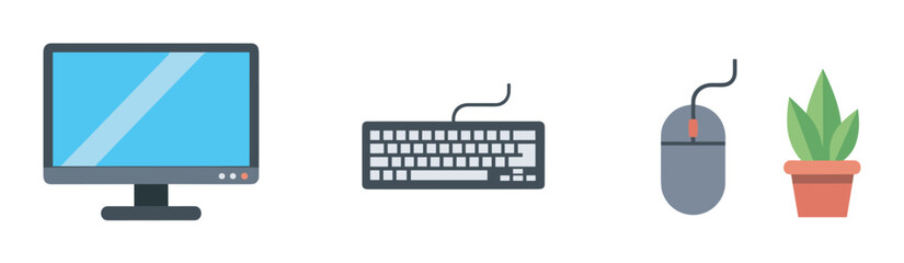 Fototapeta premium Flat design icons of a desktop monitor, keyboard, mouse, and a potted plant, representing a simple office or workspace setup.