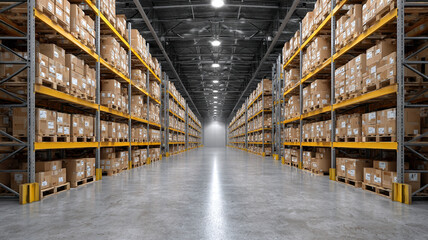 Large warehouse aisle for storage and logistic distribution of inventory. industry stock of boxes on rack shows an efficient and organized supply chain system