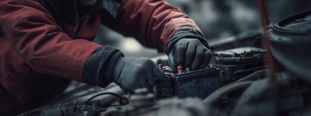 Mechanic's gloved hand checking a car battery in cold winter weather