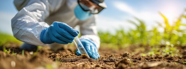 Agronomist in protective suit taking a soil sample for analysis into a test tube.