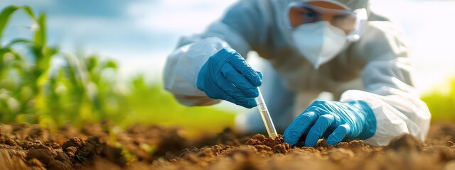 Agronomist in protective suit taking a soil sample for analysis into a test tube.