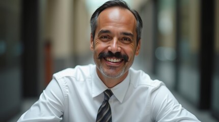 Smiling 45 years old banker, happy middle aged hispanic latino business man bank manager, mid adult professional businessman ceo executive in office