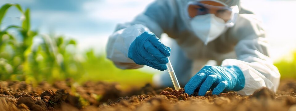 Agronomist in protective suit taking a soil sample for analysis into a test tube.