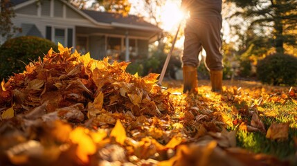 Autumn work: person in rubber boots raking a large pile of orange leaves