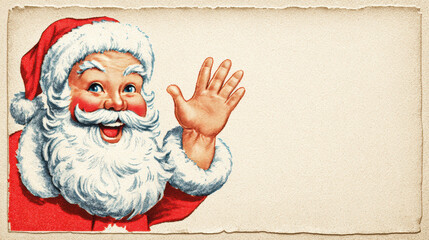 Cheerful smiling Santa Claus waving on vintage Christmas holiday card. Retro illustration style with classic festive character on an old paper background with copy space