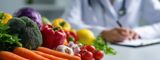 Fresh vegetables on a table with a blurred dietitian or doctor in a white coat writing in the background