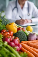 Fresh vegetables on a table with a blurred dietitian or doctor in a white coat writing in the background