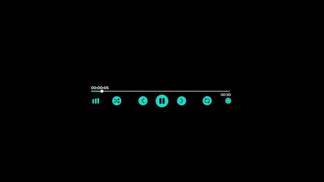 Simple media player interface with essential controls and time indicator animation on black background