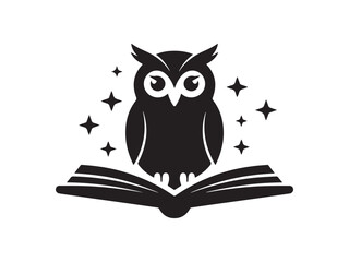 Silhouette Wisdom Owl with Book and Stars Vector Illustration