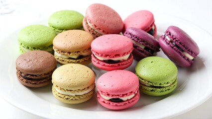 Fototapeta premium A delightful assortment of colorful, freshly baked French macarons piled high on a crisp white plate, ready to be savored.
