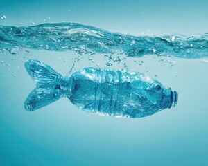 Plastic Bottle Shaped Like a Fish Floating Underwater Symbolizing Ocean Pollution and Plastic Waste Crisis