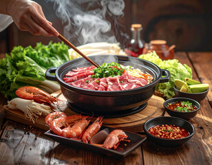 Delicious hot pot with beef, shrimp, and fresh vegetables on a wooden table.