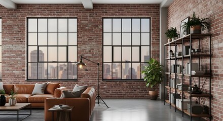 Modern Urban Loft Interior, Brown Leather Sofa, Metal Bookshelf, and Green Plants